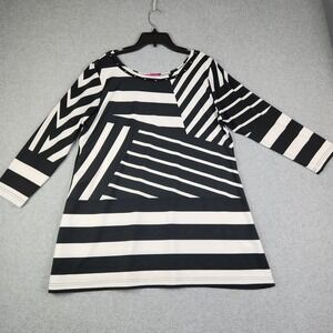 Max &‎ Rina Tunic Top Women L Black White Striped Geometric Studded 3/4 Sleeve